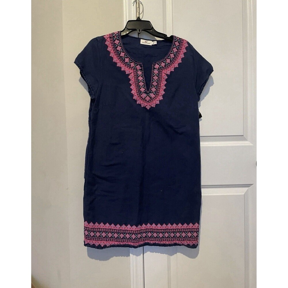 Vineyard Vines Embroidered Pintuck Dress Tunic Navy Pink Size 12 Large